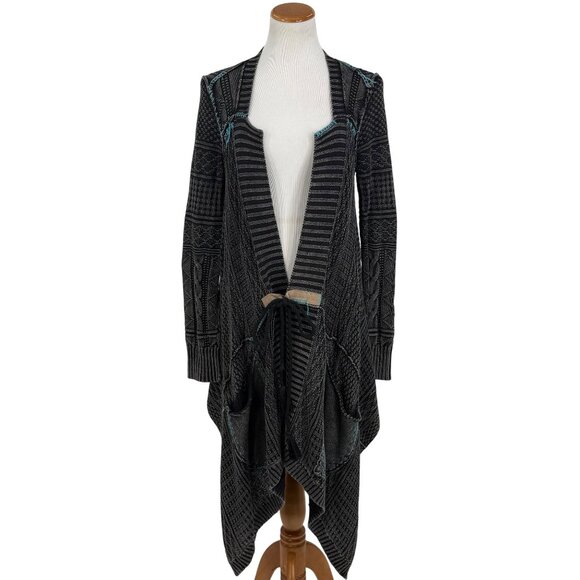 Free People Grey Patchwork Knit Duster Cardigan Sweater • Boho Coastal Cowgirl M - Picture 2 of 16